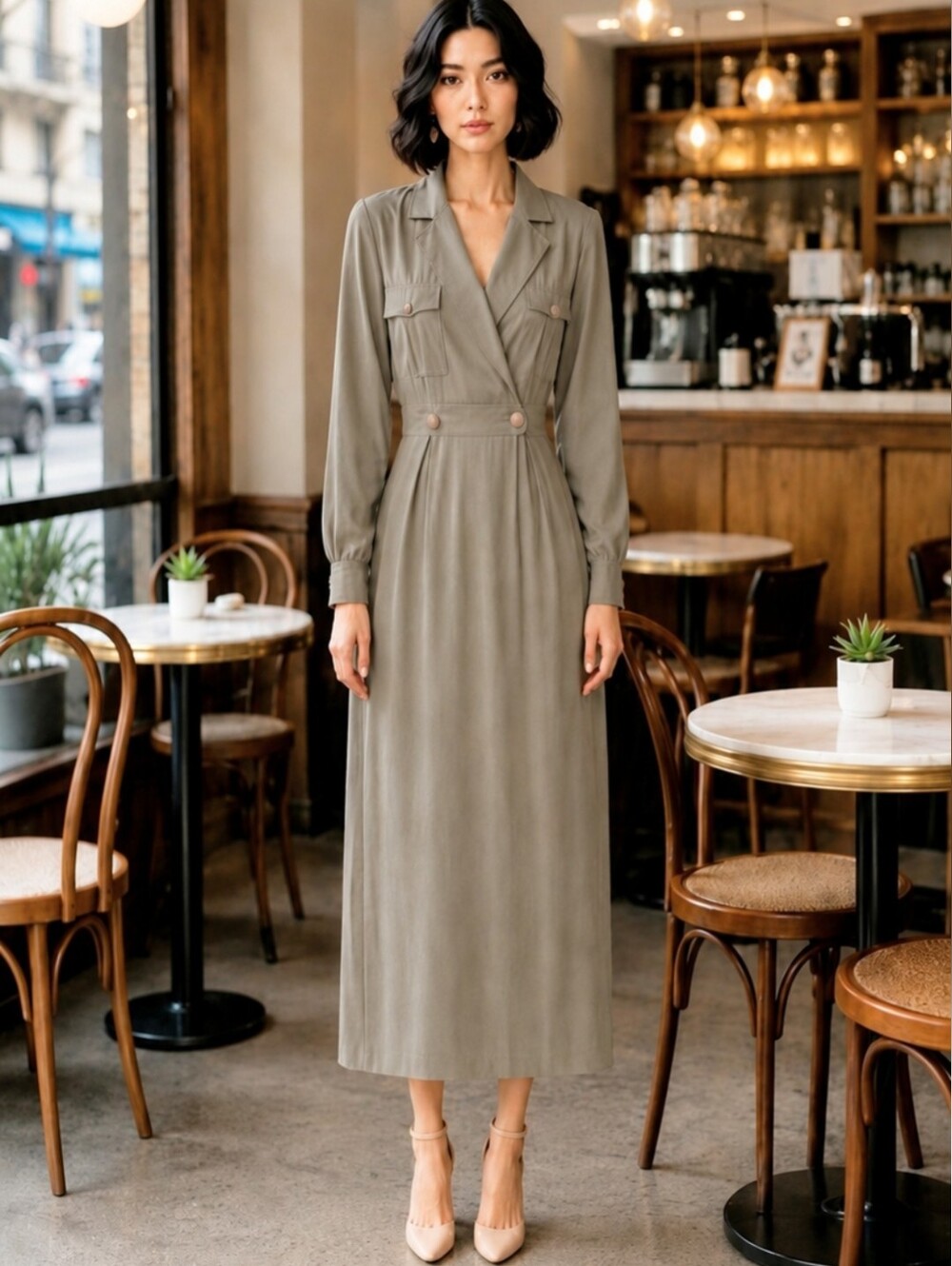 Kira | Vintage Taupe Green Midi Dress | 100% Viscose 1980-1990's
